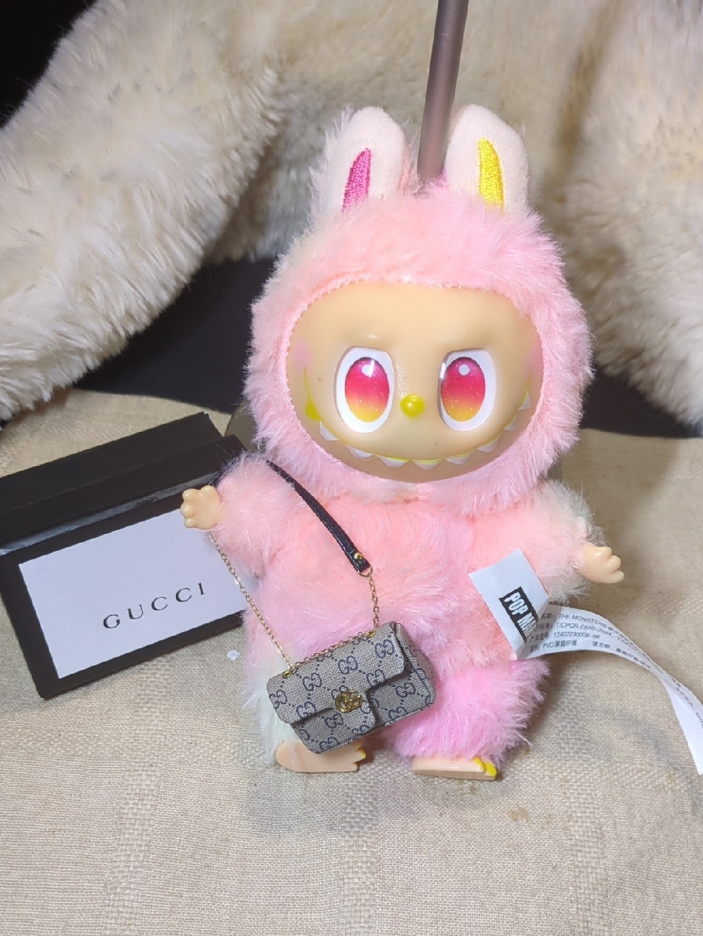 Pink Labubu Furry Bunny Doll with Mini GG Monogram Crossbody NOW ONLY $50